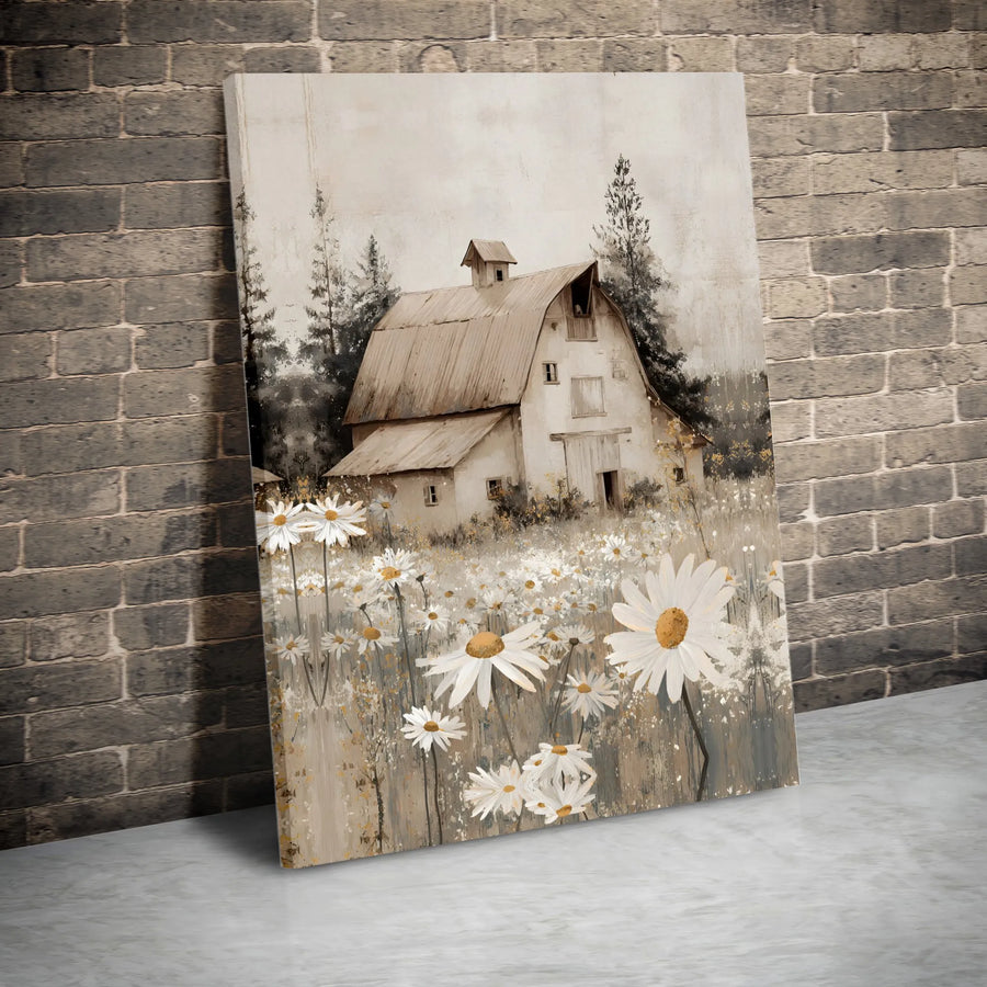 Rustic Barn Canvas Wall Art | Daisy Field Country Landscape | Premium Gallery Wrapped Print | Farmhouse Kitchen Decor Gift