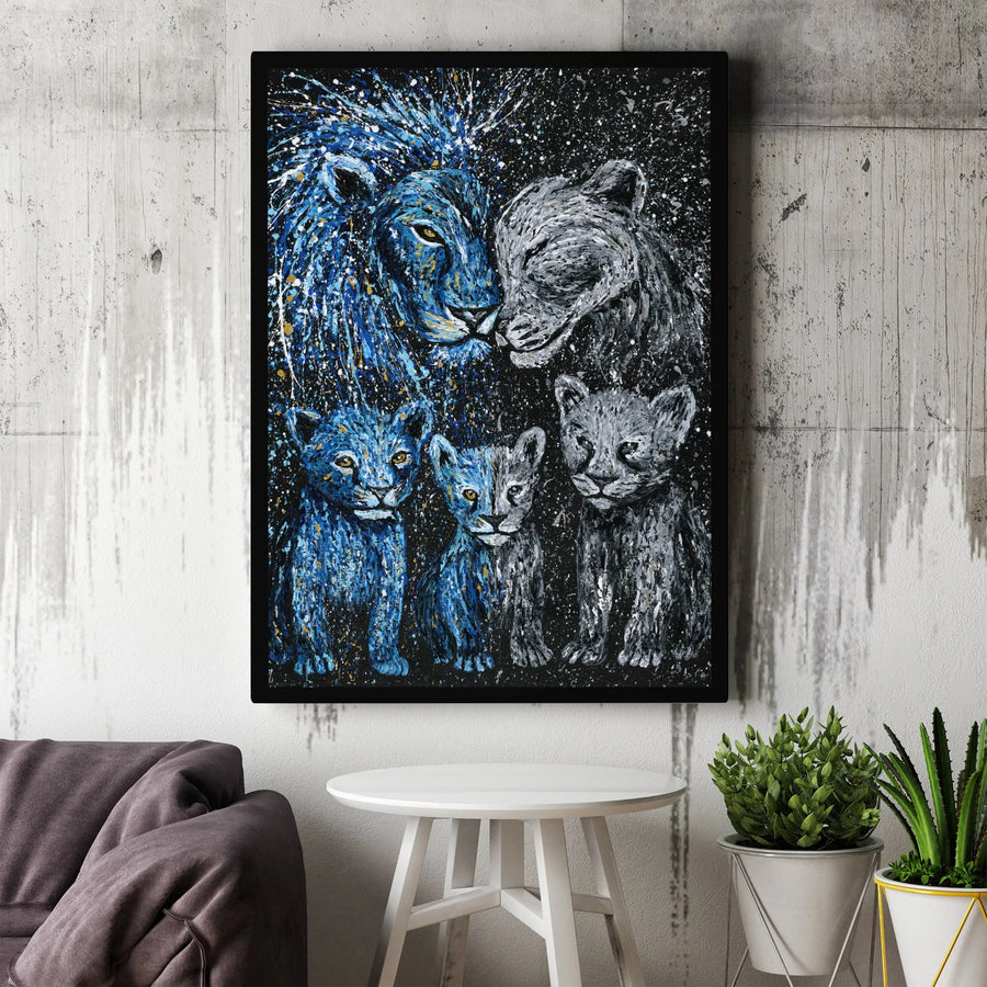 Lion Family Canvas Wall Art | Abstract Blue Grey Splatter Painting | Premium Gallery Wrap Print | Modern Living Room Home Decor Gift