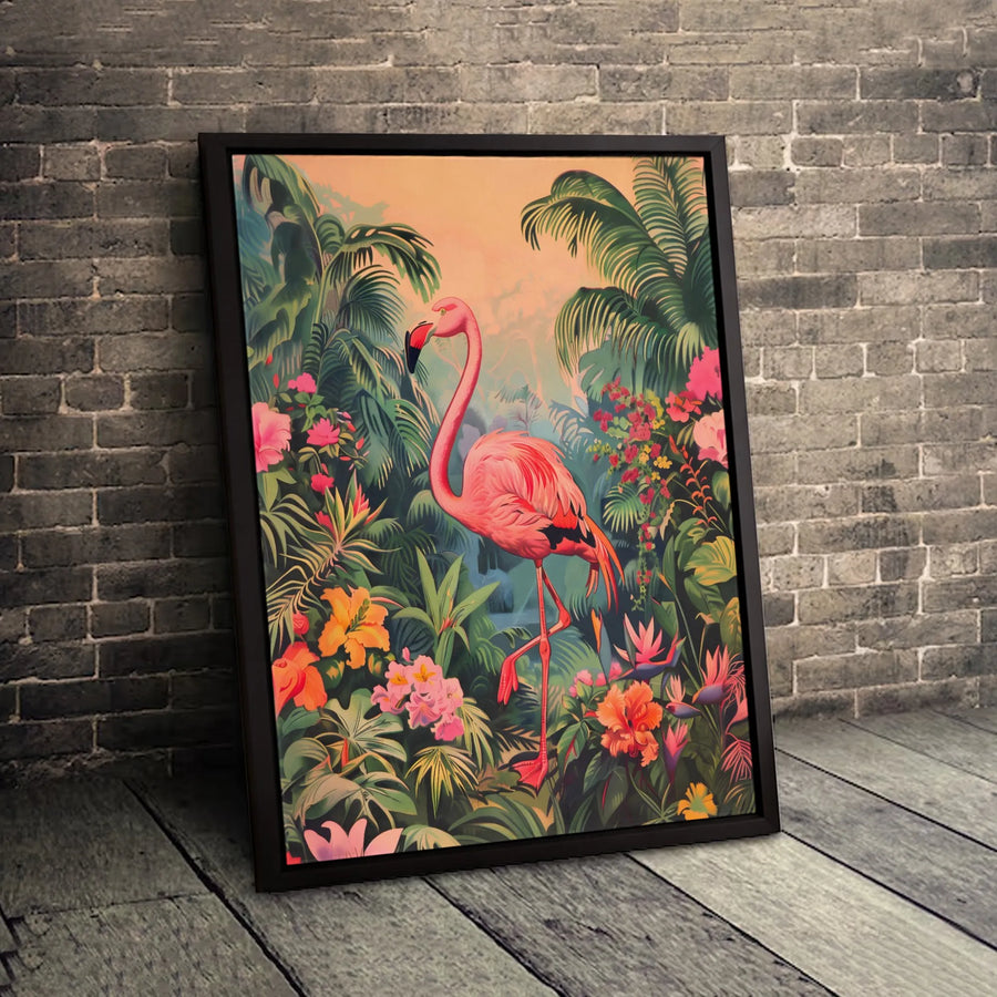 Pink Flamingo Wall Art | Tropical Jungle Canvas Print | Premium Fade-Resistant Decor | Botanical Home Living Room Gift
