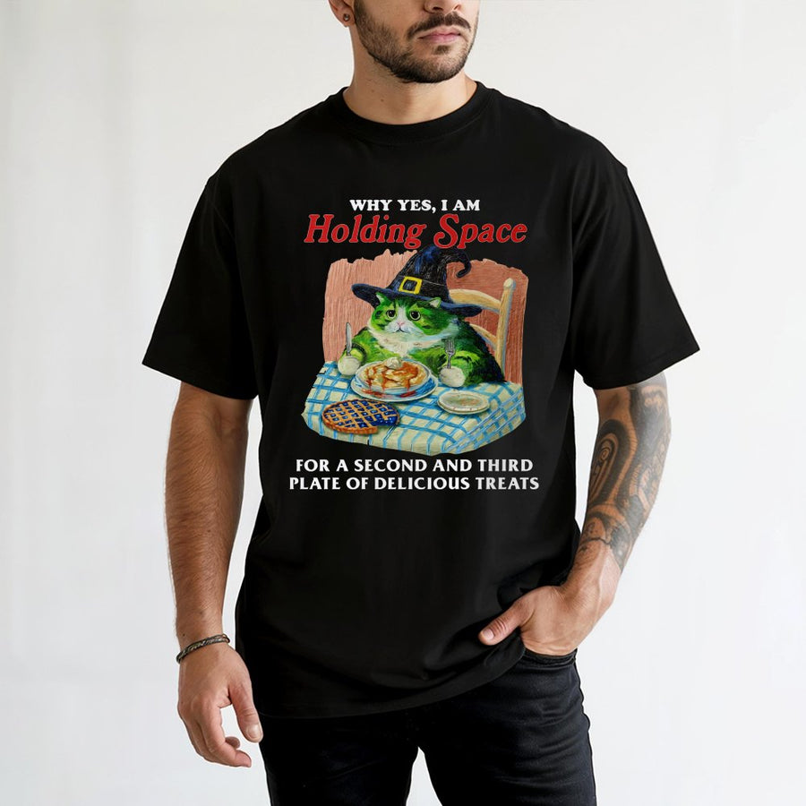 Funny Witch Cat T-Shirt | Holding Space For Treats Graphic Tee | Soft Cotton Premium Apparel | Cute Animal Lover Gift For Women And Men