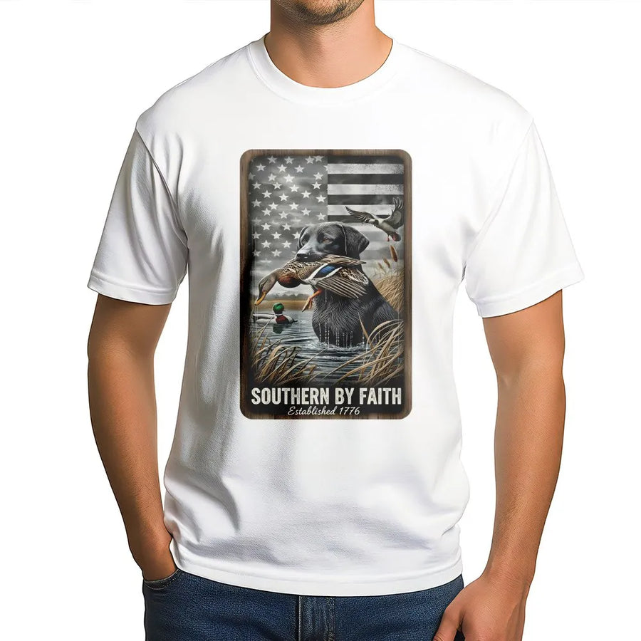 Black Lab Hunting T-Shirt | Patriotic American Flag & Duck Design | Premium Soft Cotton | Gift For Duck Hunter & Outdoorsman