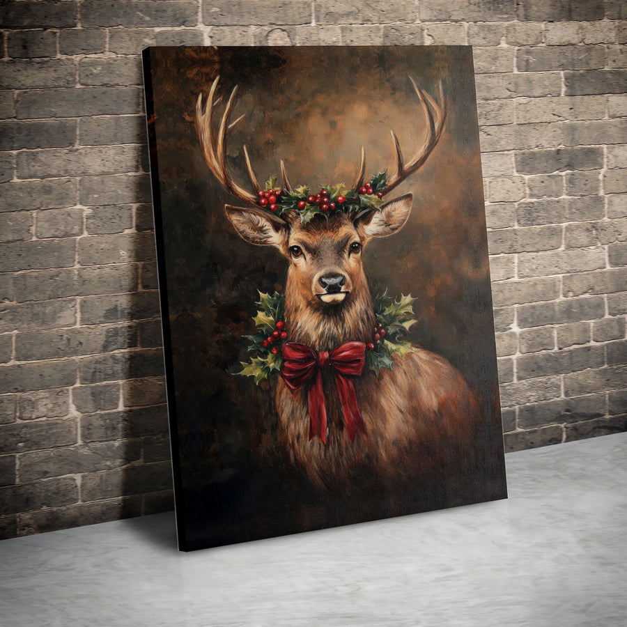 Christmas Stag Canvas Wall Art | Rustic Deer with Holly Wreath and Red Bow | Premium Gallery-Wrapped Print | Festive Holiday Home Decor Gift