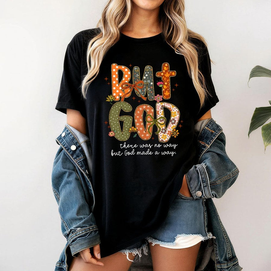 But God Christian T-Shirt | Floral Coquette Bow Graphic Tee | Premium 100% Cotton | Religious Faith-Based Gift for Women