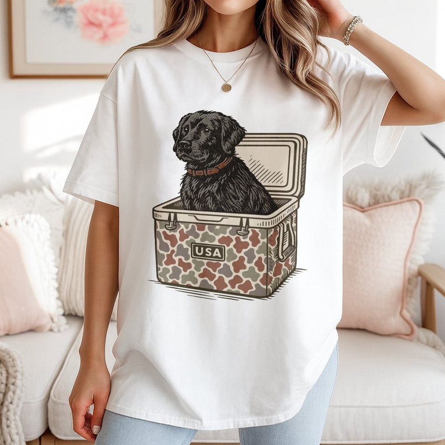 Black Labrador T-Shirt | Hunting Dog In USA Camo Cooler Graphic | 100% Cotton Premium Tee | Gift For Dog Lovers & Outdoorsmen