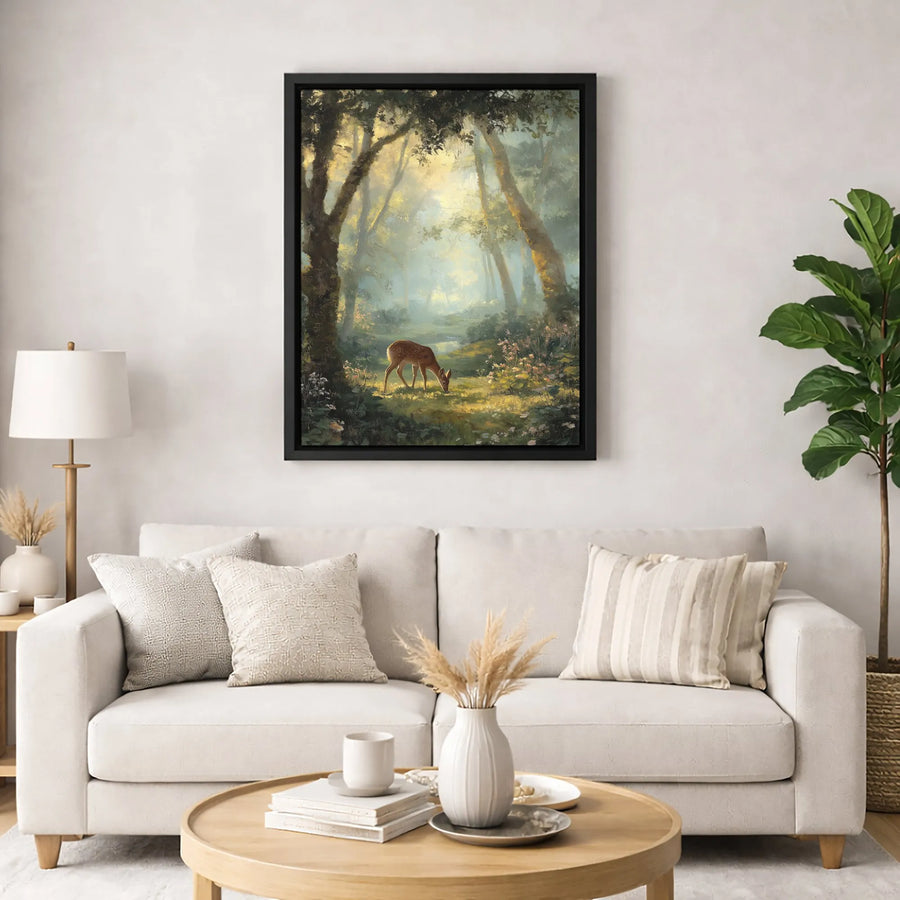 Fawn in Sunlit Forest Canvas Art | Enchanting Woodland Deer Painting | Gallery-Quality Fade-Resistant Print | Nature Lover Home Decor Gift