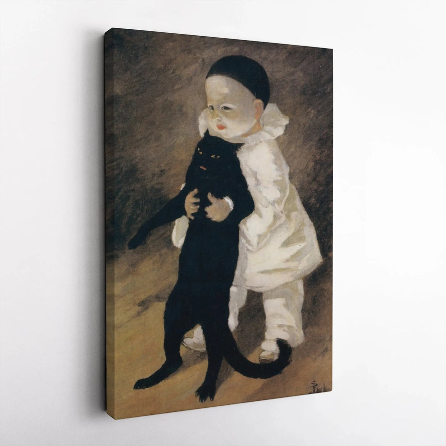 Vintage Black Cat Vertical Canvas Print | Théophile Steinlen Pierrot Child Classic Fine Art | Premium 1.25 Inch Gallery Wrap Wall Decor | Antique Painting Gift for Cat Lovers