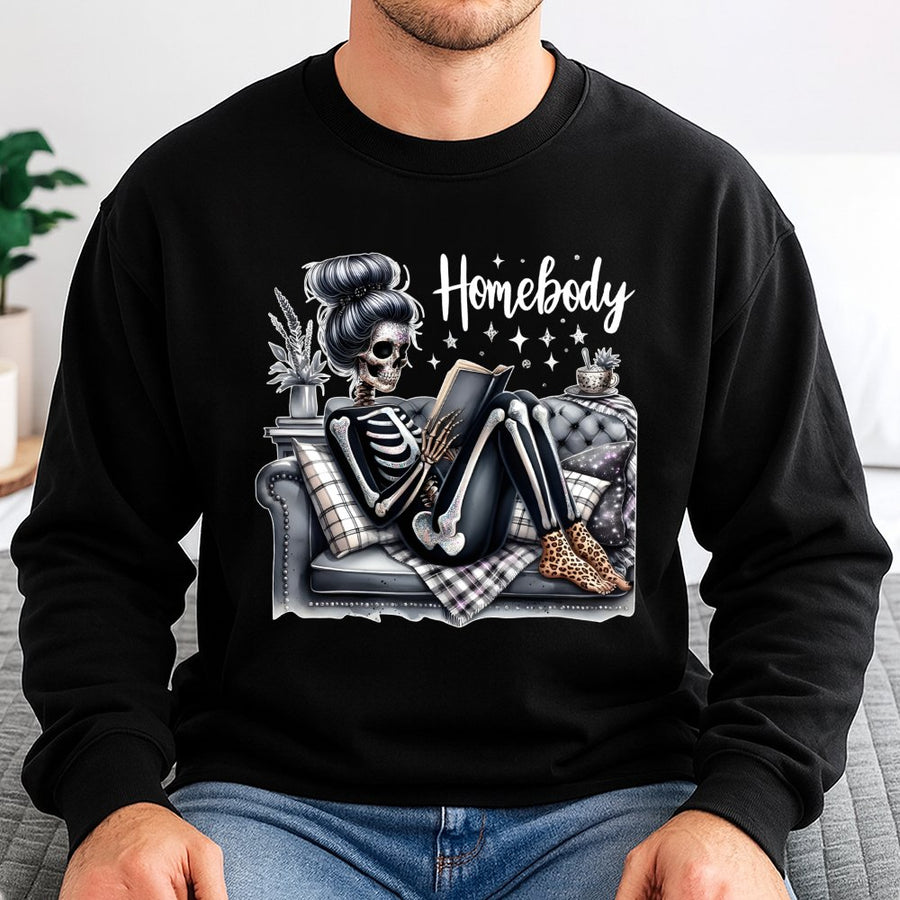 Homebody Skeleton Reading Sweatshirt | Funny Reading Lover Graphic | Soft Cotton Blend Unisex Pullover | Cozy Bookworm Gift for Her