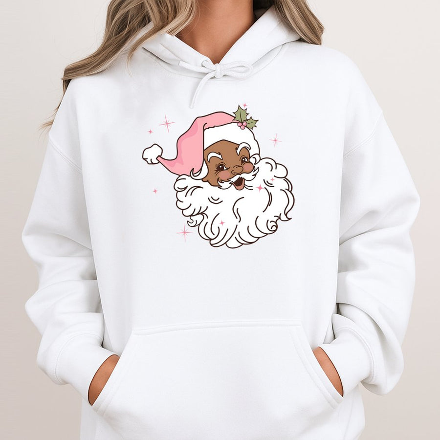 Black Santa Hoodie | Retro Pink Hat Christmas Graphic | Premium Cotton Blend Sweatshirt | Melanin Holiday Gift for Women and Men