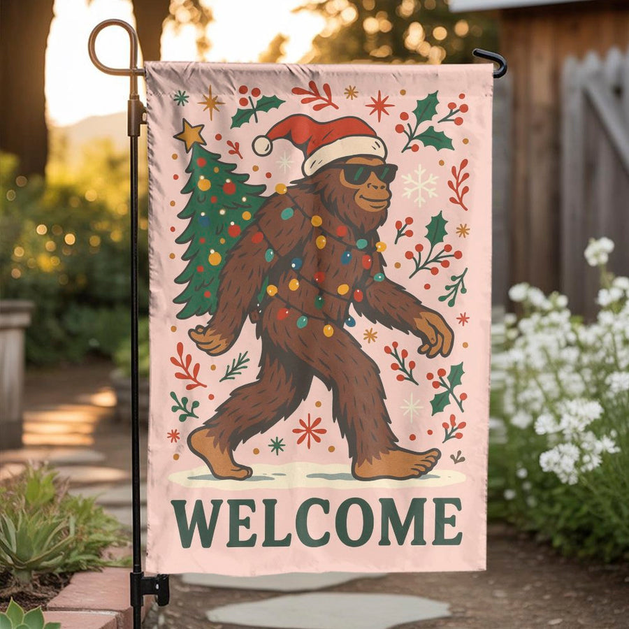 Bigfoot Christmas Garden Flag | Funny Santa Sasquatch Welcome Sign | Premium Weather-Resistant Polyester | Holiday Outdoor Yard Decor Gift