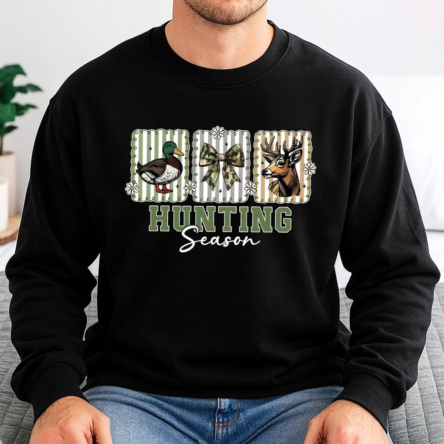 Hunting Season Sweatshirt | Deer And Duck Camo Bow Print | Premium Cotton Blend | Fall Outdoor Apparel Gift For Women