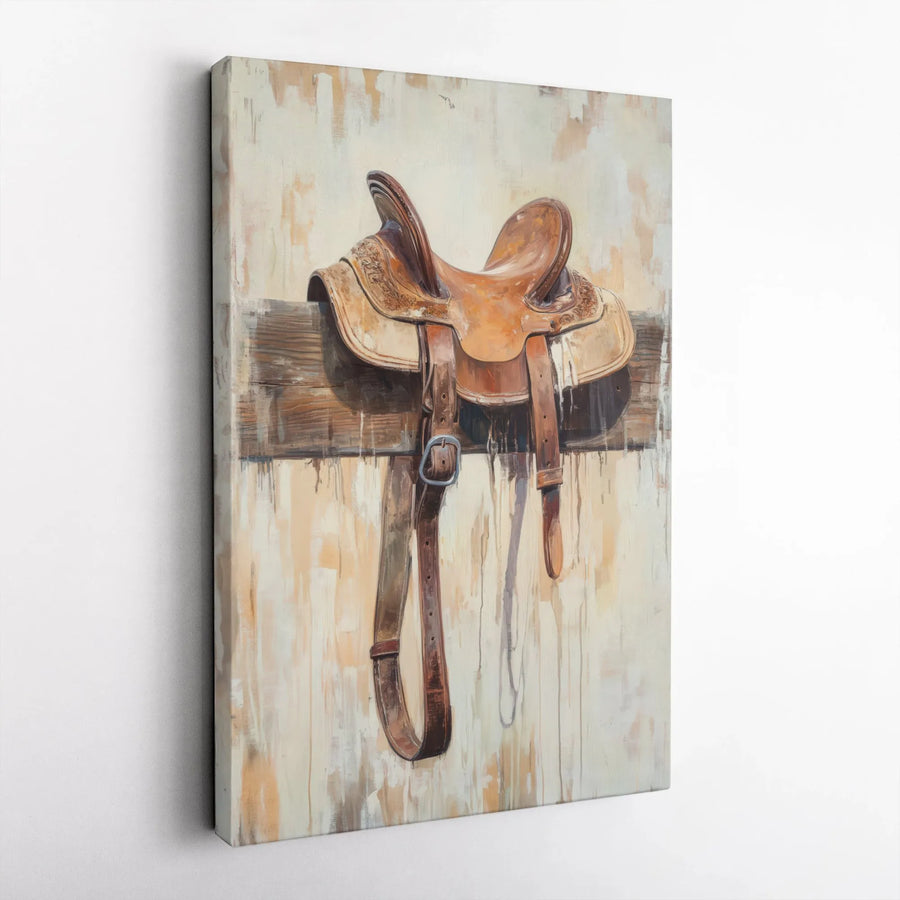 Rustic Horse Saddle Canvas | Vintage Western Farmhouse Painting | Premium Gallery Wrapped Art | Gift for Cowboy or Horse Lover