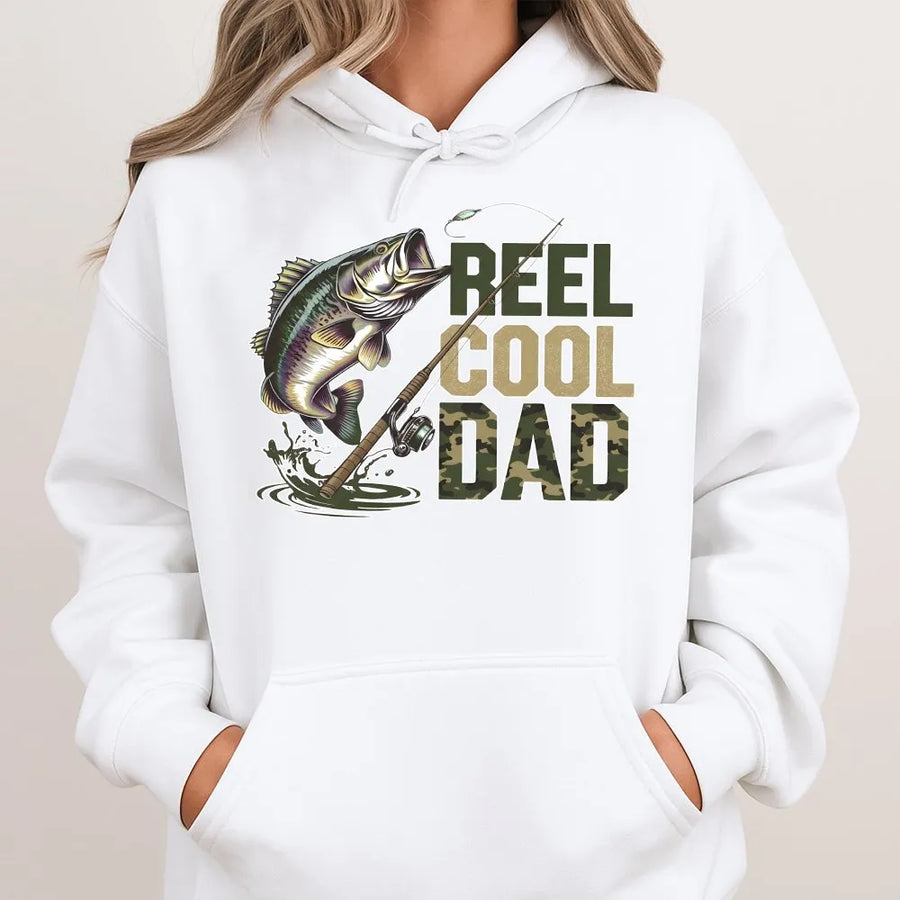 Reel Cool Dad Fishing Hoodie | Bass Fishing Graphic with Camo Text | Premium Cotton Blend | Father's Day Gift for Fisherman