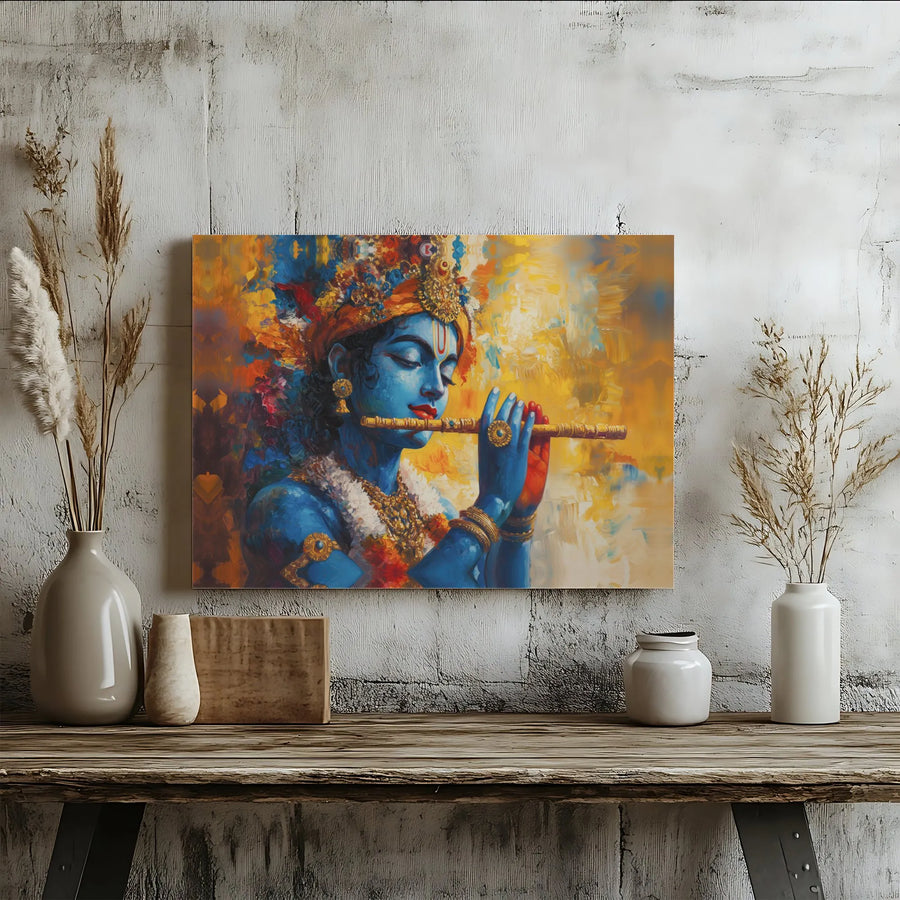 Lord Krishna Canvas Print | Abstract Hindu God Playing Flute | Premium Gallery-Wrapped Wall Art | Spiritual Home Decor Gift