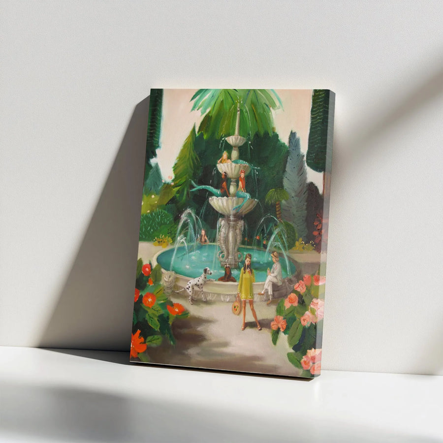 Surreal Mermaid Fountain Canvas Print | Whimsical Painting with Woman Taking Selfie | Premium Gallery Wrapped Wall Art | Collector's Eclectic Home Decor