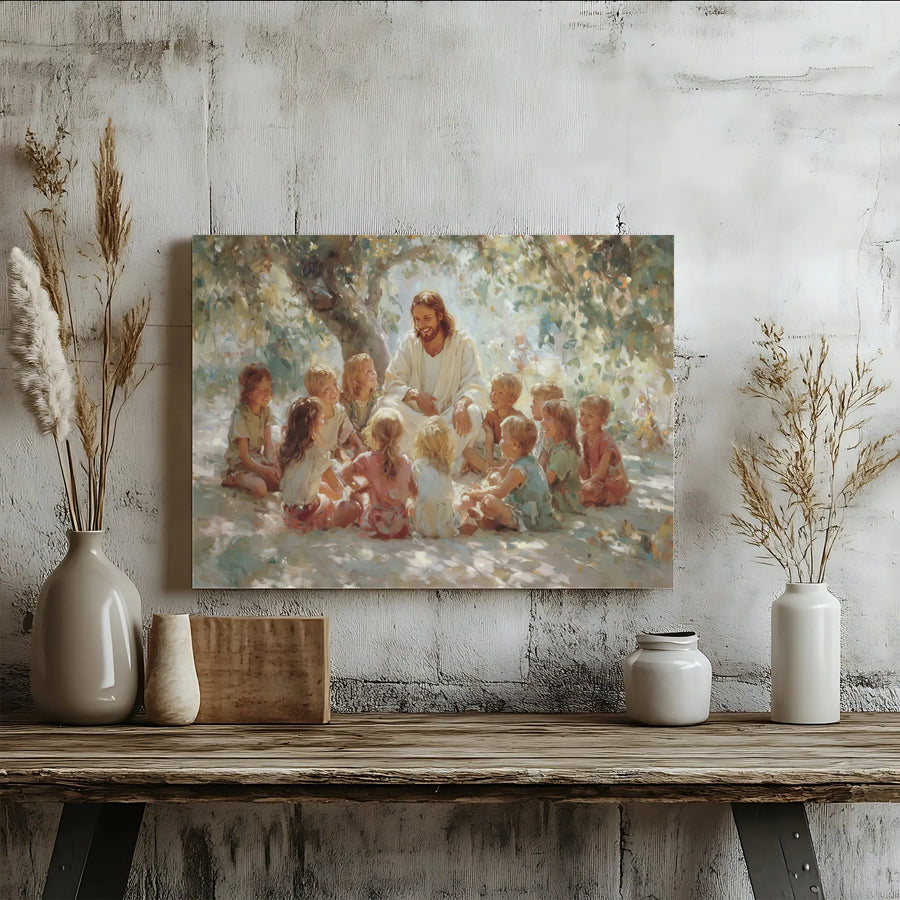 Jesus Teaching Children Canvas Wall Art | Religious Christian Painting | Gallery Wrap Wooden Frame | Inspirational Home Decor Gift