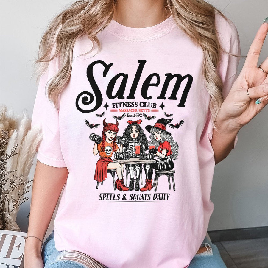 Salem Fitness Club T-Shirt | Spells & Squats Witch Graphic | Premium Cotton Gym Apparel | Funny Halloween Workout Gift For Women And Men