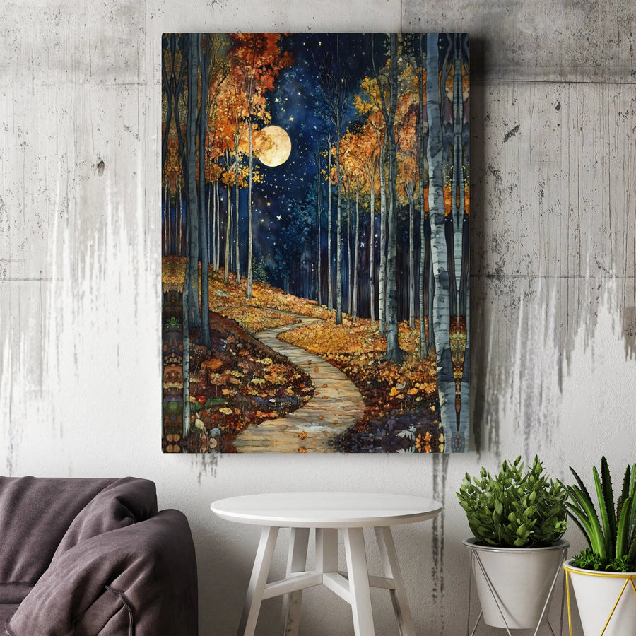Autumn Forest Path Canvas Wall Art | Enchanted Full Moon Night Landscape | Premium Gallery Wrap Print | Whimsical Nature Decor Gift