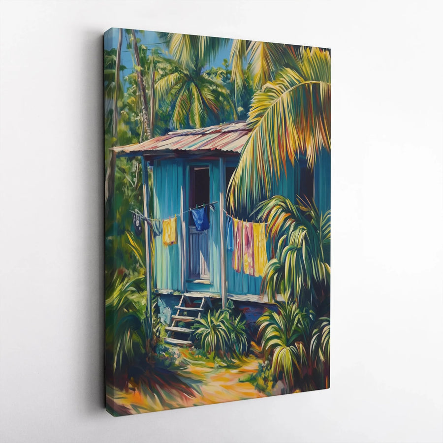 Tropical Beach House Canvas Wall Art | Vibrant Island Painting Print | Premium Gallery Wrap Canvas | Coastal Home Decor Gift