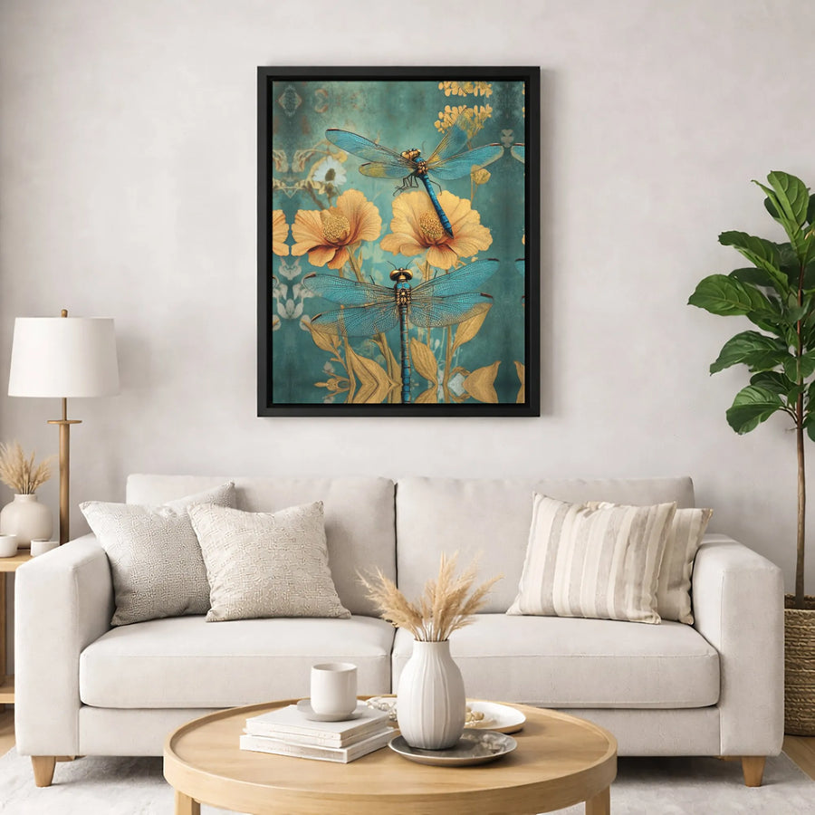 Dragonfly Wall Art Canvas | Vintage Teal and Yellow Floral Print | Gallery Quality Stretched Decor | Nature Inspired Gift for Home