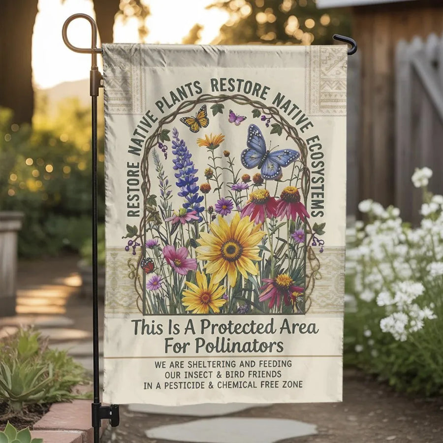 Pollinator Garden Flag | Vintage Botanical Wildflower & Butterfly Art | Double Sided Weather Resistant Polyester | Gift for Gardener