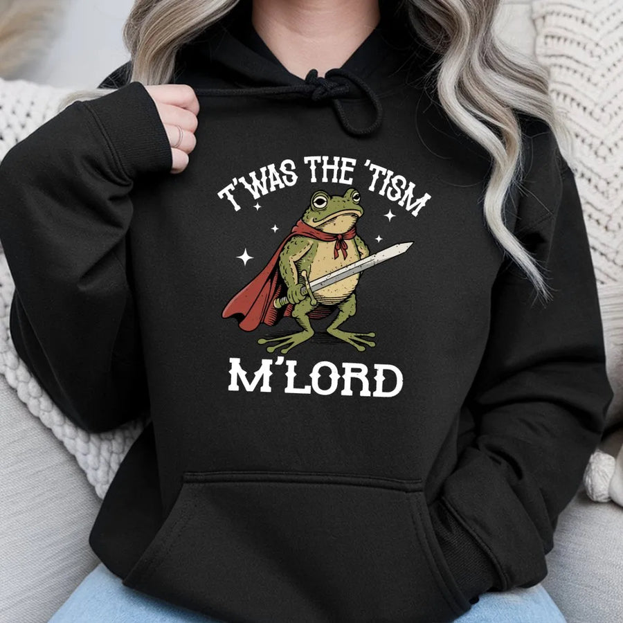 T'was The 'Tism M'Lord Hoodie | Medieval Knight Frog Graphic | Premium Cotton Blend | Funny Neurodivergent Gift for Teens and Adults