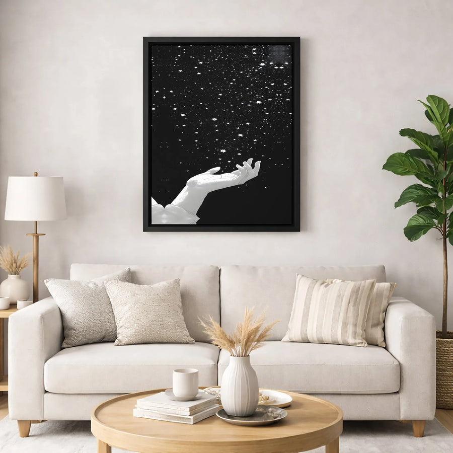 Celestial Hand Catching Stars Canvas Wall Art | Minimalist Night Sky Illustration | Gallery-Quality Fade-Resistant Print | Modern Home Decor Gift