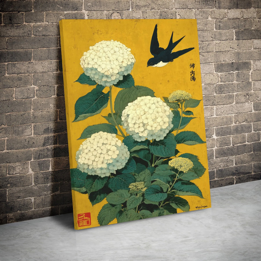 Japanese Bird And Flower Wall Art | Vintage Swallow With Hydrangea Print | Premium Gallery Wrap Canvas | Minimalist Botanical Home Decor Gift
