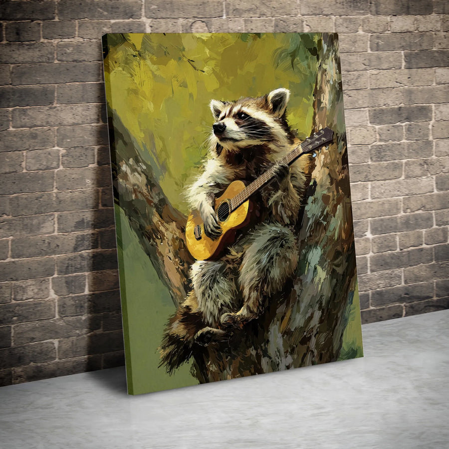 Raccoon Playing Guitar Canvas Wall Art | Whimsical Animal Musician Painting | Premium Gallery Wrapped Canvas | Funny Woodland Nursery Decor, Gift for Music Lover