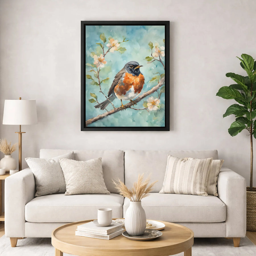 American Robin Canvas Wall Art | Watercolor Spring Bird Portrait | Gallery-Wrapped Premium Print | Nature Home Decor Gift for Bird Lovers