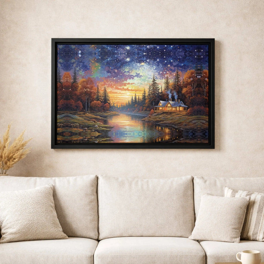 Lakeside Cabin Wall Art | Autumn Forest Starry Night Landscape | Premium 1.25" Gallery Canvas | Cozy Nature Home Decor Gift