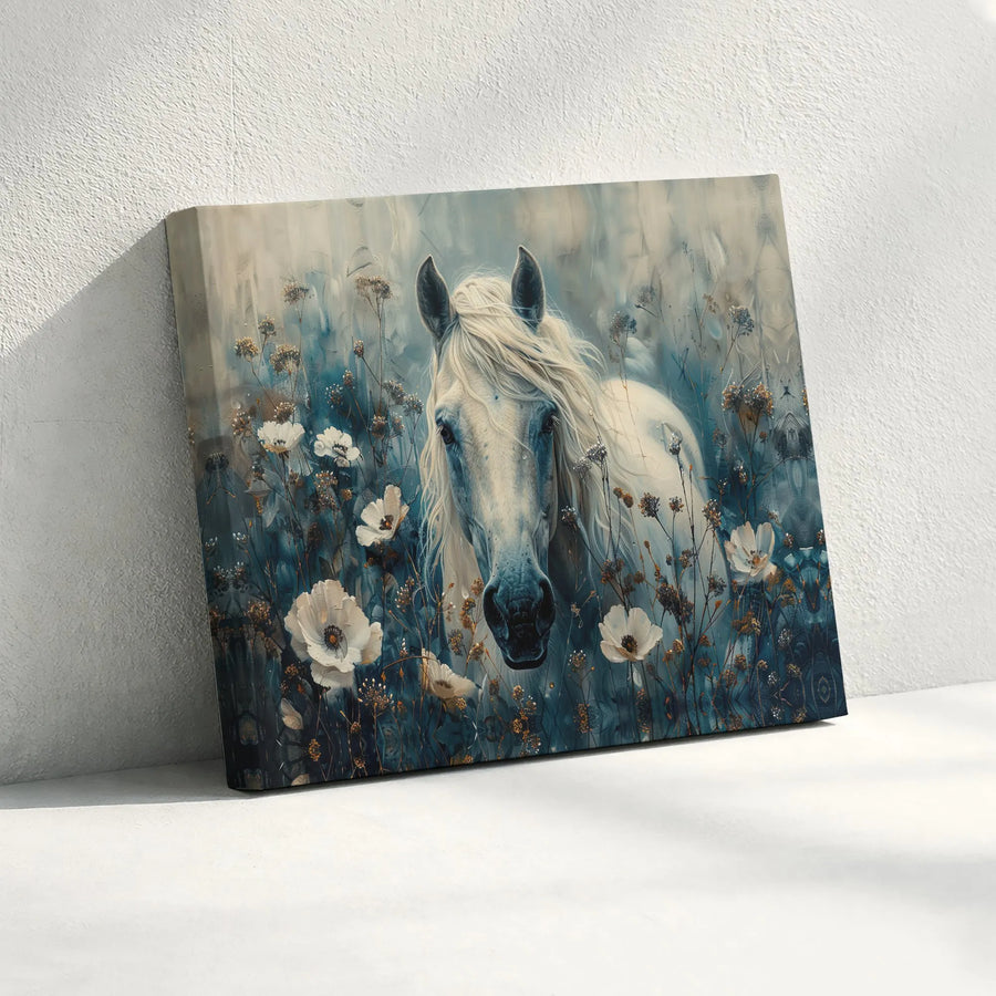 White Horse Canvas Wall Art | Painterly Wildflower Meadow | Premium Fade-Resistant Print | Farmhouse Equestrian Decor Gift