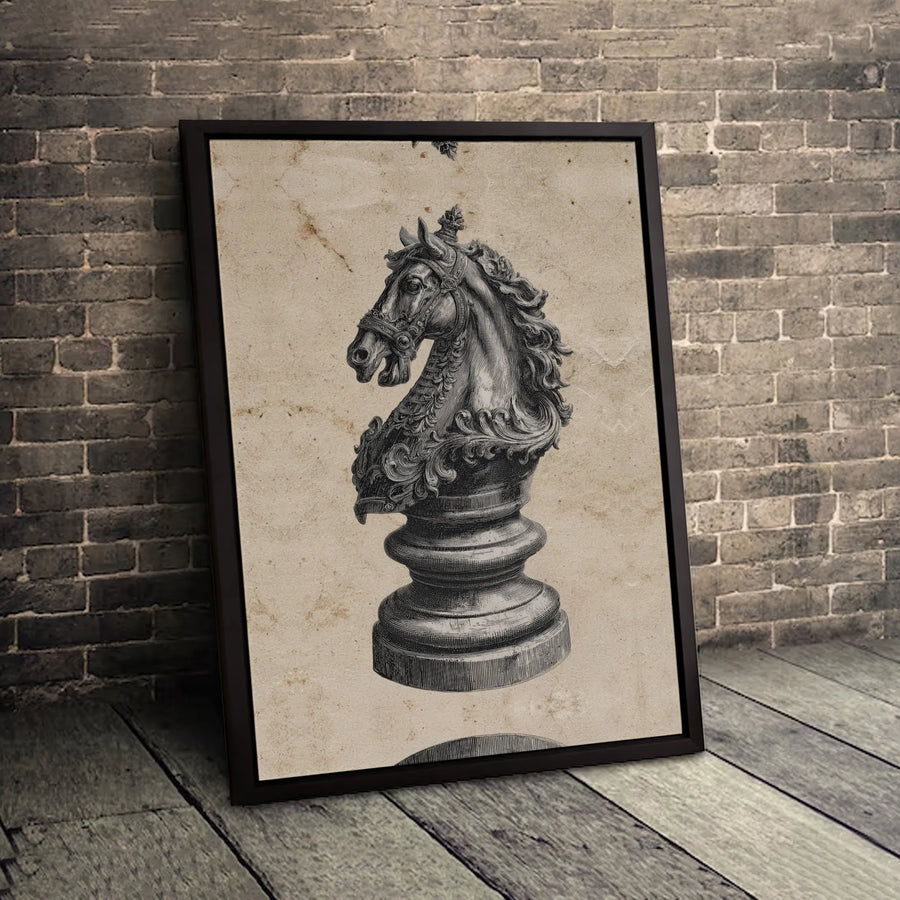 Chess Knight Wall Art | Vintage Engraving Sketch | Premium Gallery Wrapped Canvas | Sophisticated Home Decor Gift for Grandmaster