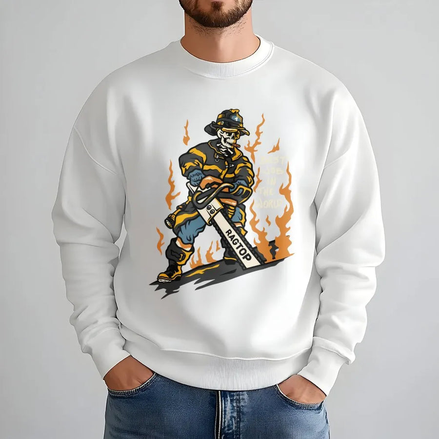 Firefighter Graphic Sweatshirt | Skeleton Fireman Best Job In The World Design | Premium Cotton Blend | Funny Gift For Fireman Or Rescue Worker
