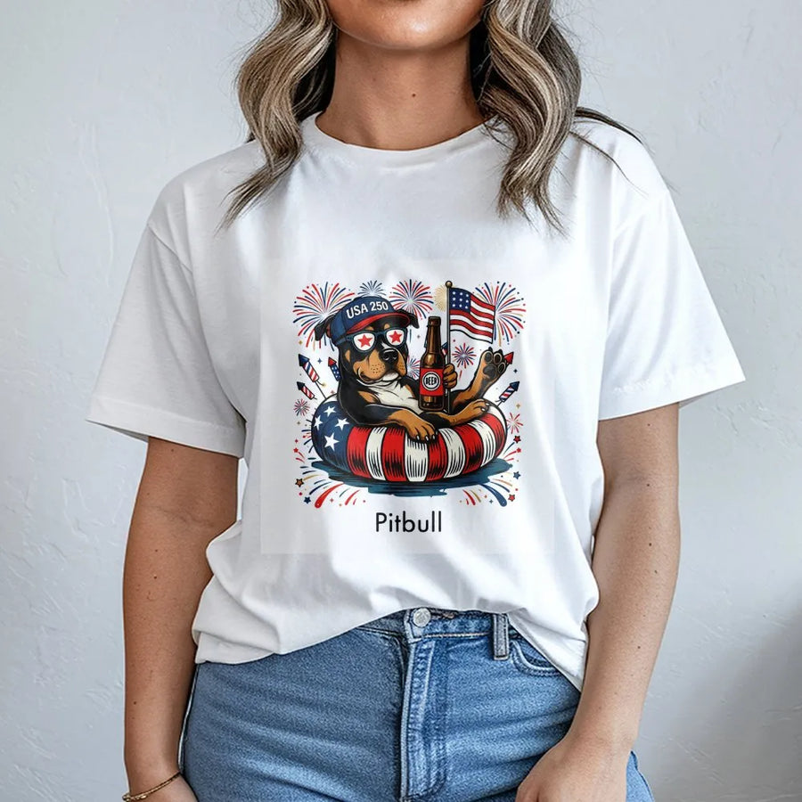 Patriotic Pitbull T-Shirt | USA 250 American Flag Dog | Soft Cotton Graphic Tee | 4th of July Gift for Dog Lover