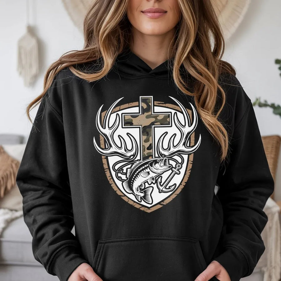 Christian Fishing Hunting Hoodie | Camo Cross with Bass & Antlers Graphic | Premium Cotton Blend | Gift for Religious Hunter Fisherman