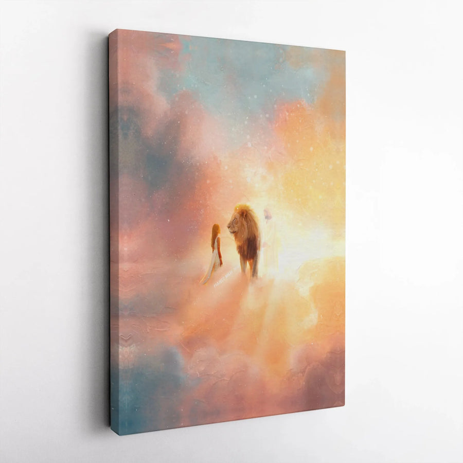 Lion of Judah Canvas Print | Jesus and Woman Heavenly Clouds Art | Premium Fade-Resistant Wall Decor | Spiritual Religious Gift for Home