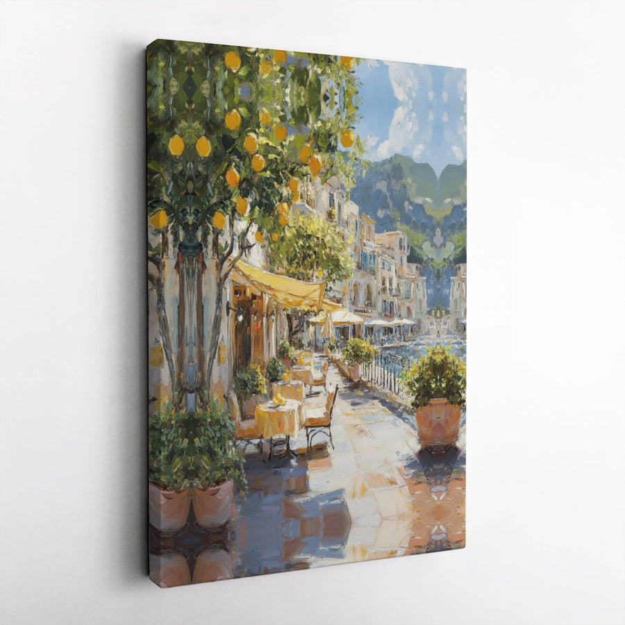 Italian Coast Canvas Wall Art | Impressionist Lemon Tree & Seaside Cafe Painting | Premium Gallery Wrapped Canvas | European Travel Gift for Kitchen Decor