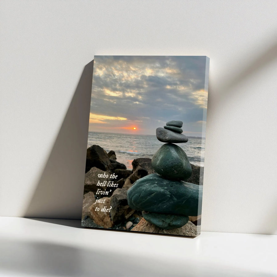 Zen Stone Stack Canvas Print | Sunset Beach Meditation Wall Art | Premium Gallery Wrap Decor | Inspirational Quote Gift for Home Office
