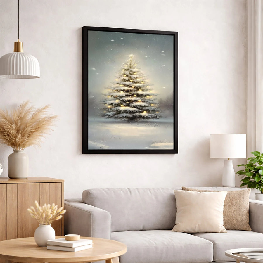 Snowy Christmas Tree Canvas Art | Illuminated Winter Landscape Print | Premium Gallery-Wrapped Wall Decor | Festive Holiday Home Gift