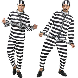 His striped prisoner costume: top, pants and hat, front view on white