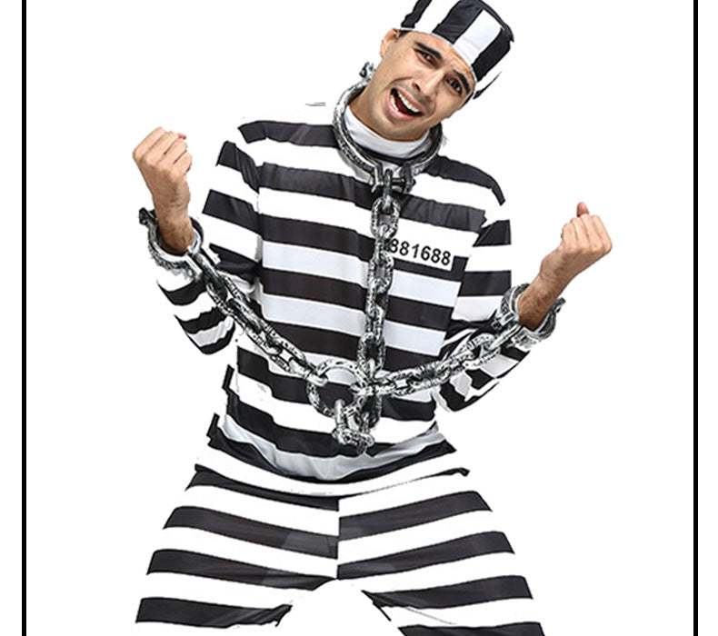 Man in the striped prisoner costume, arms raised
