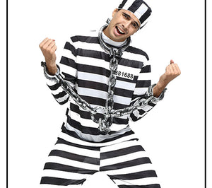 Man in the striped prisoner costume, arms raised