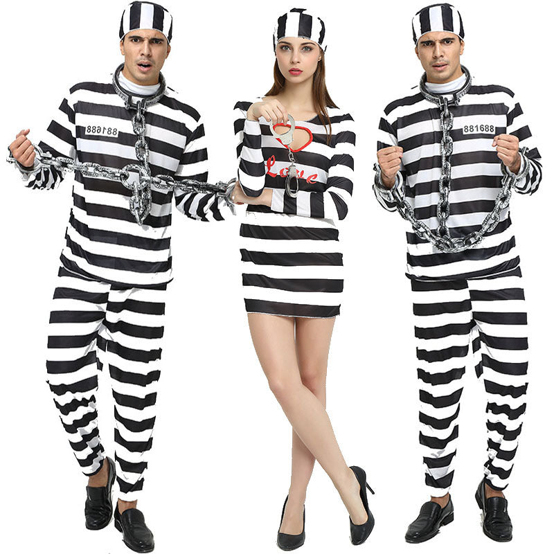 Prisoner couple costumes, both worn, three-quarter view