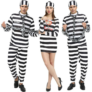 Prisoner couple costumes, both worn, three-quarter view