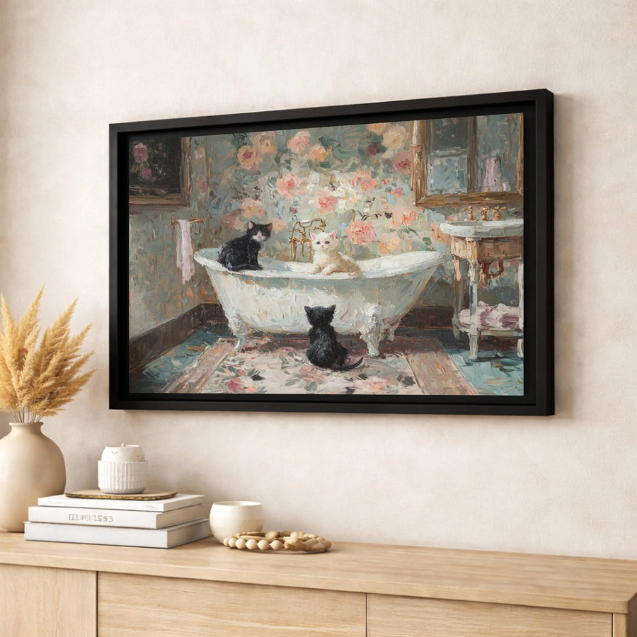 Kittens in Clawfoot Bathtub Canvas Art | Impressionist Floral Bathroom Wall Decor | Premium Fade-Resistant Gallery Print | Whimsical Cat Lover Gift