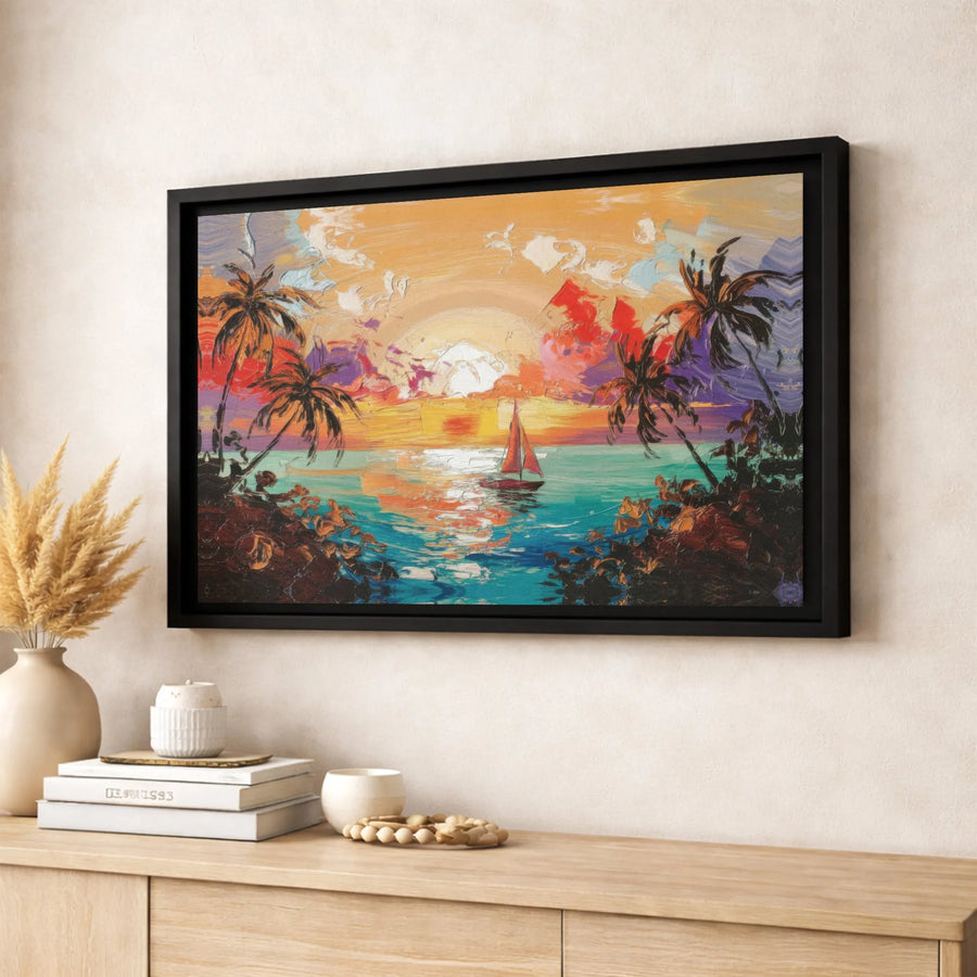 Tropical Sunset Canvas Print | Sailboat Nautical Wall Art | Premium 1.25 Inch Gallery Wrap | Beach House Decor for Living Room