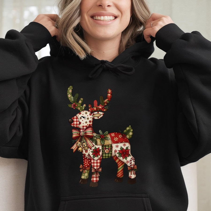 Christmas Reindeer Hoodie | Festive Patchwork Holiday Graphic | Premium Cotton Blend Sweatshirt | Cute Winter Gift for Women