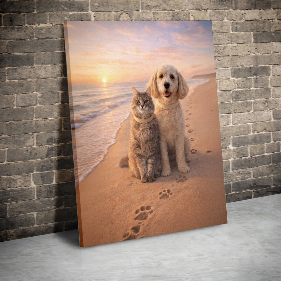 Cat and Dog Canvas Wall Art | Unlikely Friends at Sunset Beach Scene | Premium Gallery Wrapped Canvas | Heartwarming Gift for Pet Lovers & Vet Office Decor