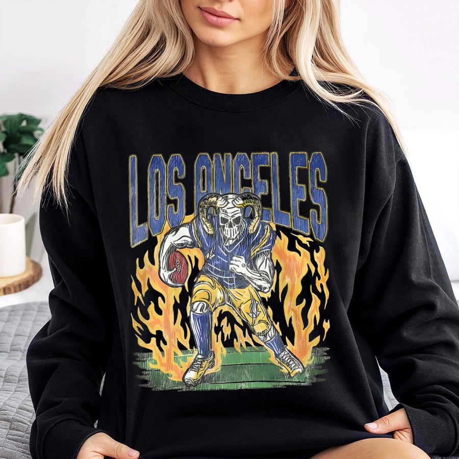 Los Angeles Rams Skeleton Football Player With Flames Sweatshirt