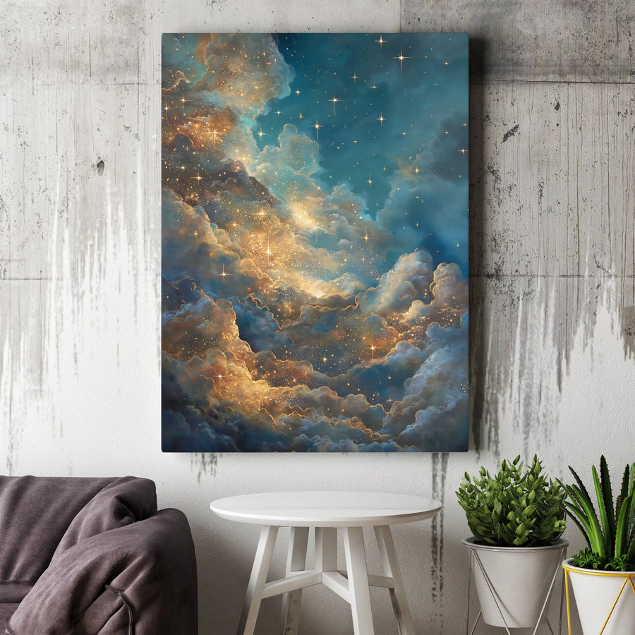 Celestial Sky Wall Art | Golden Cloud & Sparkling Star Galaxy Print | Gallery-Quality 1.25" Canvas | Modern Home & Office Decor Gift